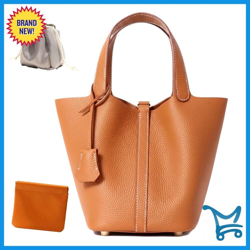 Genuine Leather Bucket Bag with Lock Design, Versatile Shoulder Satchel